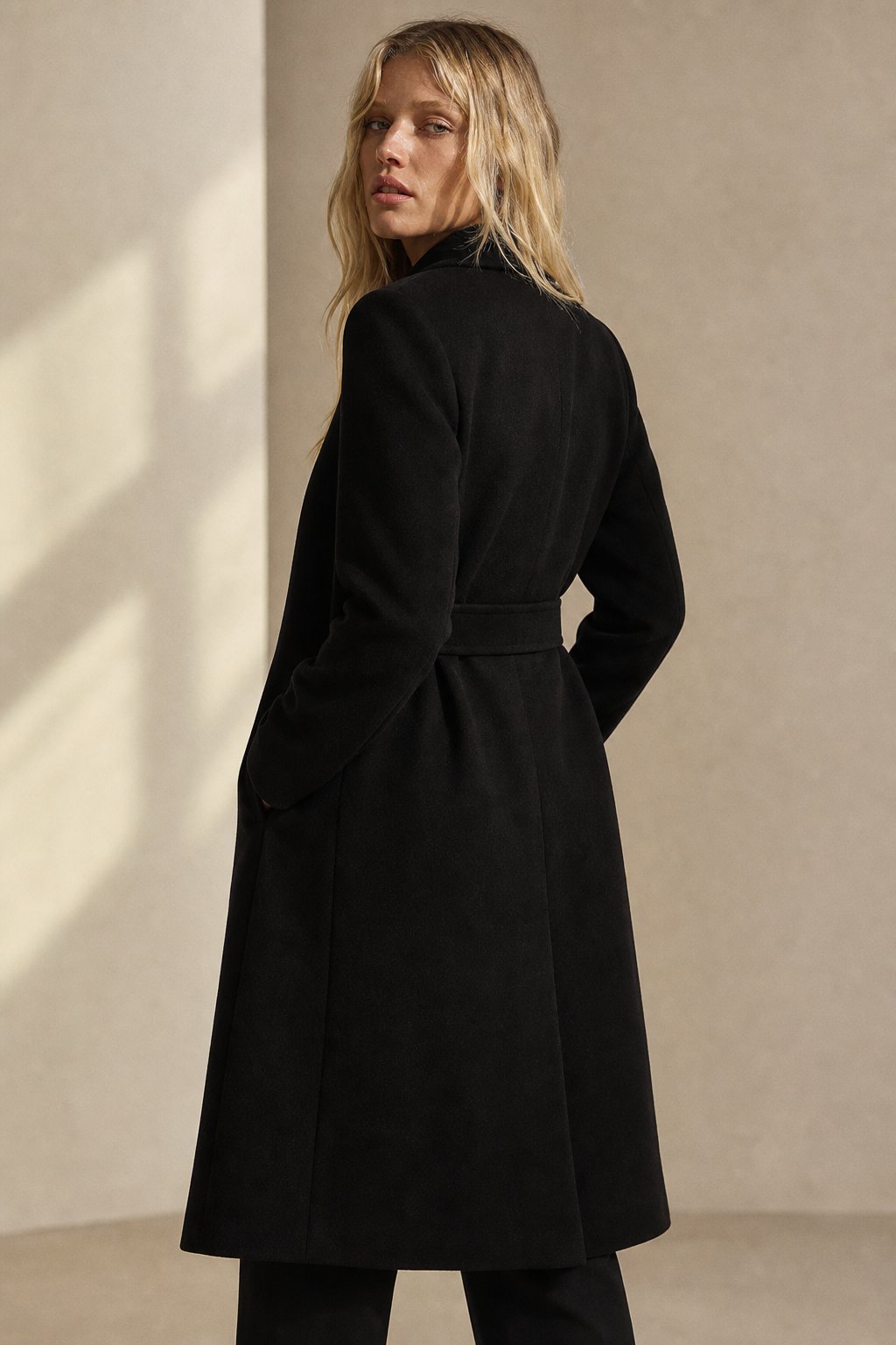 Claire Womens Belted Wool Coat in Midi Length in Black