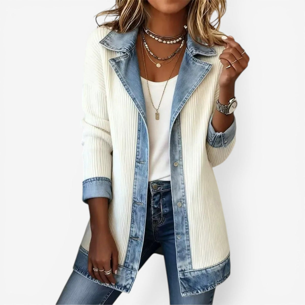 Cora Womens Knit Jacket with Denim Accents in White