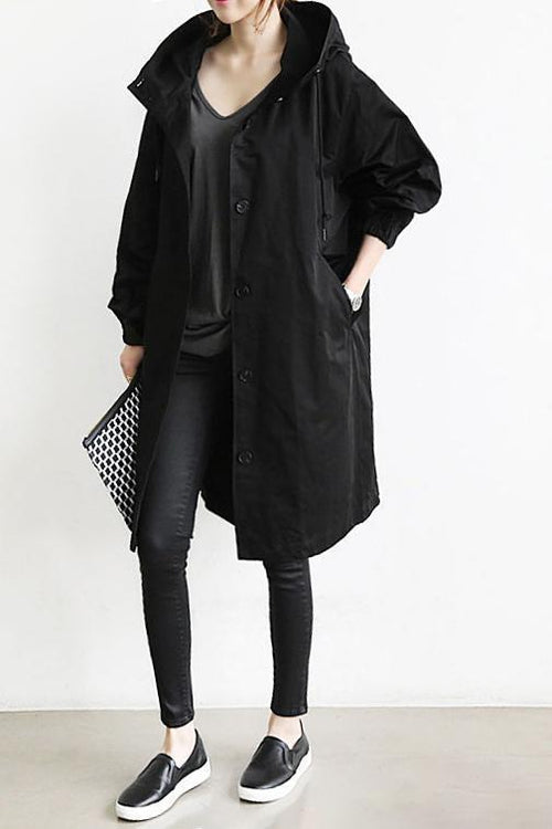 Mary Womens Hooded Waterproof Rain Trench Coat in Black