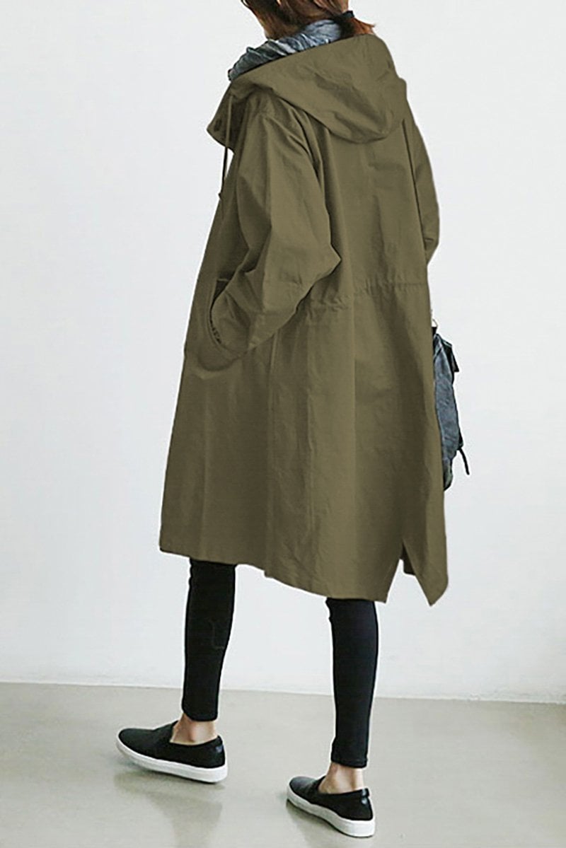 Mary Womens Hooded Waterproof Rain Trench Coat in Army Green