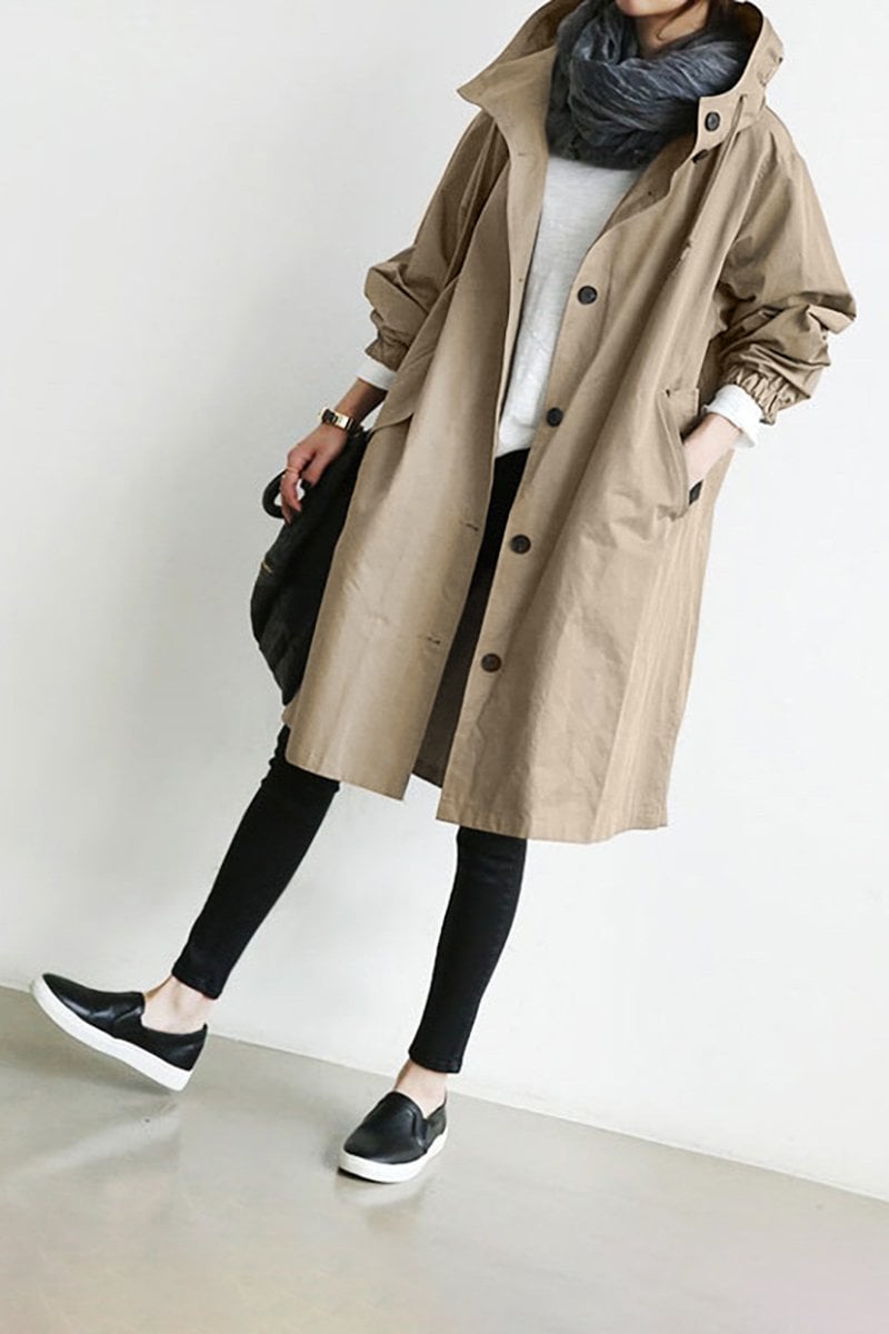 Mary Womens Hooded Waterproof Rain Trench Coat in Beige