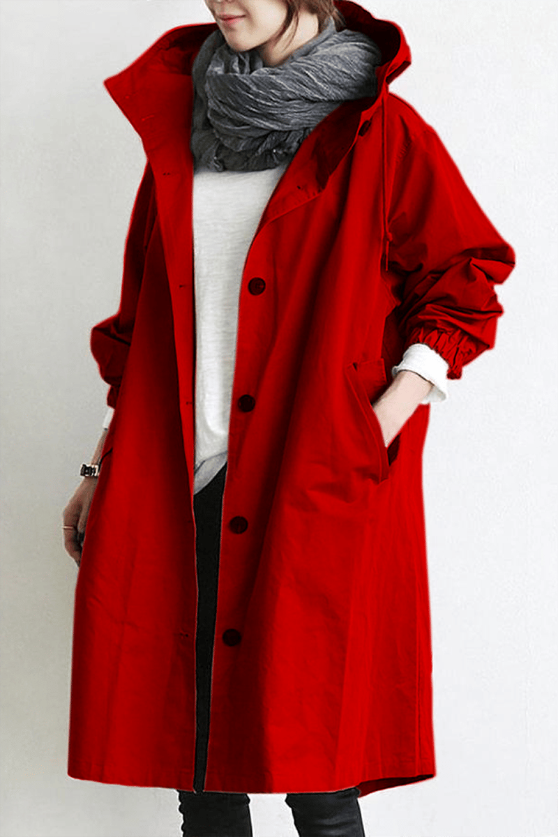 Mary Womens Hooded Waterproof Rain Trench Coat in Red