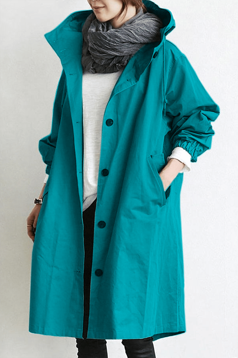 Mary Womens Hooded Waterproof Rain Trench Coat in Turquoise