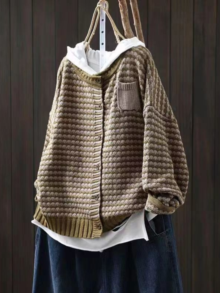 Wrenley | Women's Relaxed Fit Knit Button Cardigan — Waffle-Stitch Layer with Chest Pocket | Westmere