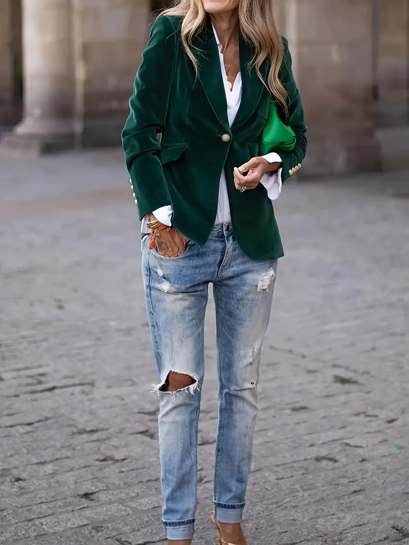 Women's Velvet Blazer, Figure-Flattering Cut | Plush Soft-Touch Fabric, Subtle Sheen | Black, Blue, Green or Red | S–2XL