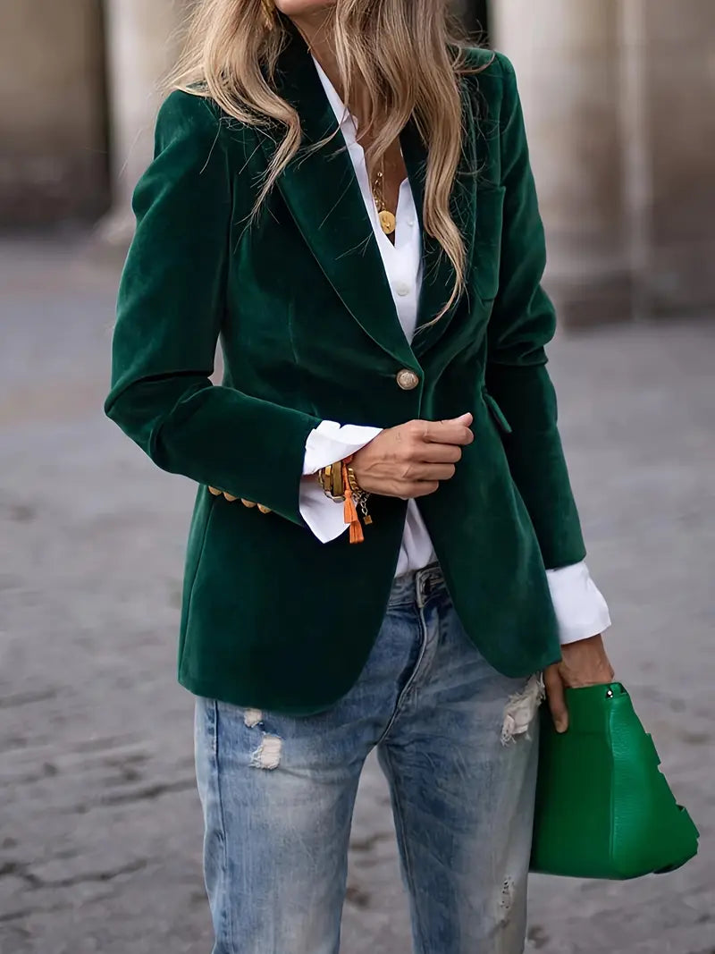 Women's Velvet Blazer, Figure-Flattering Cut | Plush Soft-Touch Fabric, Subtle Sheen | Black, Blue, Green or Red | S–2XL