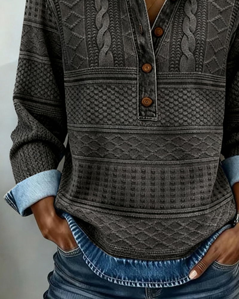 Kristen Womens Cable Knit Sweater with Collar and Button Neckline