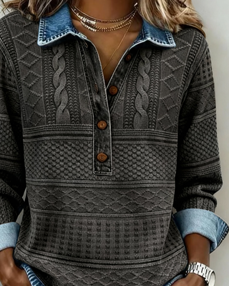 Kristen Womens Cable Knit Sweater with Collar and Button Neckline