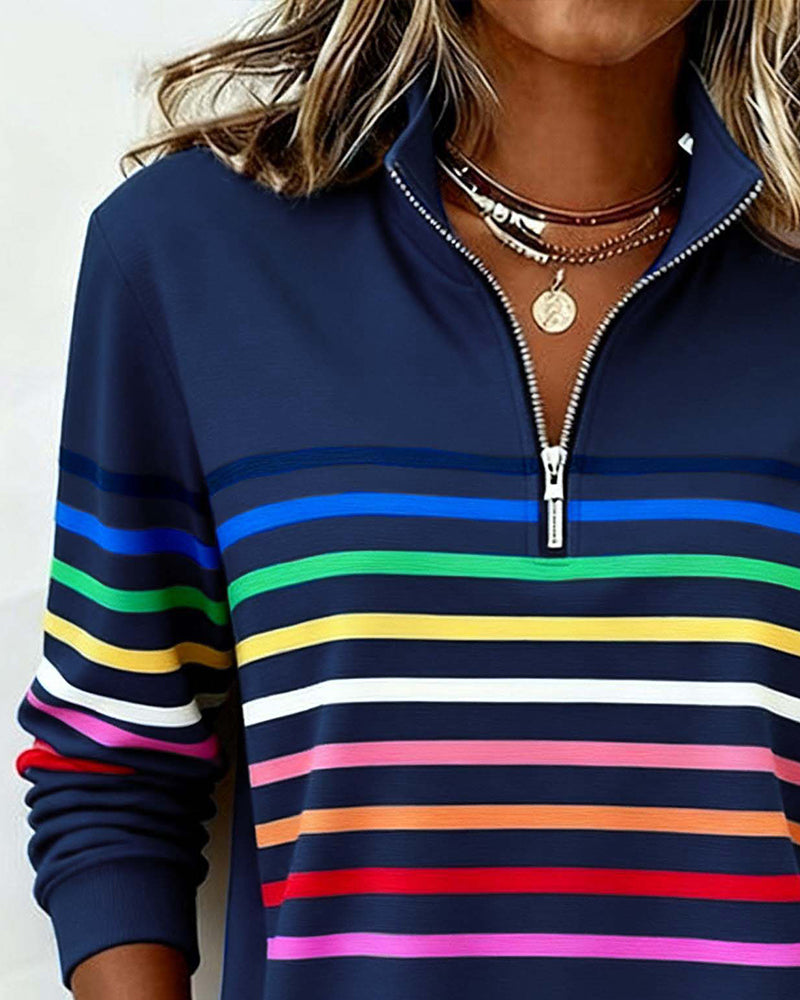 Mia Womens Half Zip Sweatshirt with Stripes