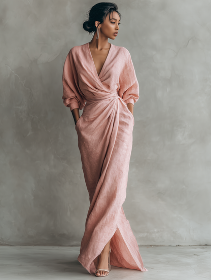 Rose™ | Long minimalist pink dress with V-neck