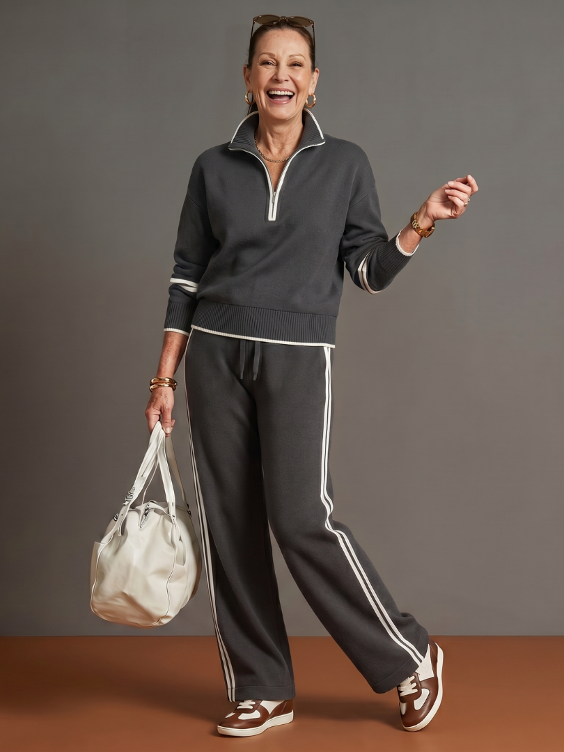 Rain Womens Knit Pants Set with Zip Neck Top in Gray
