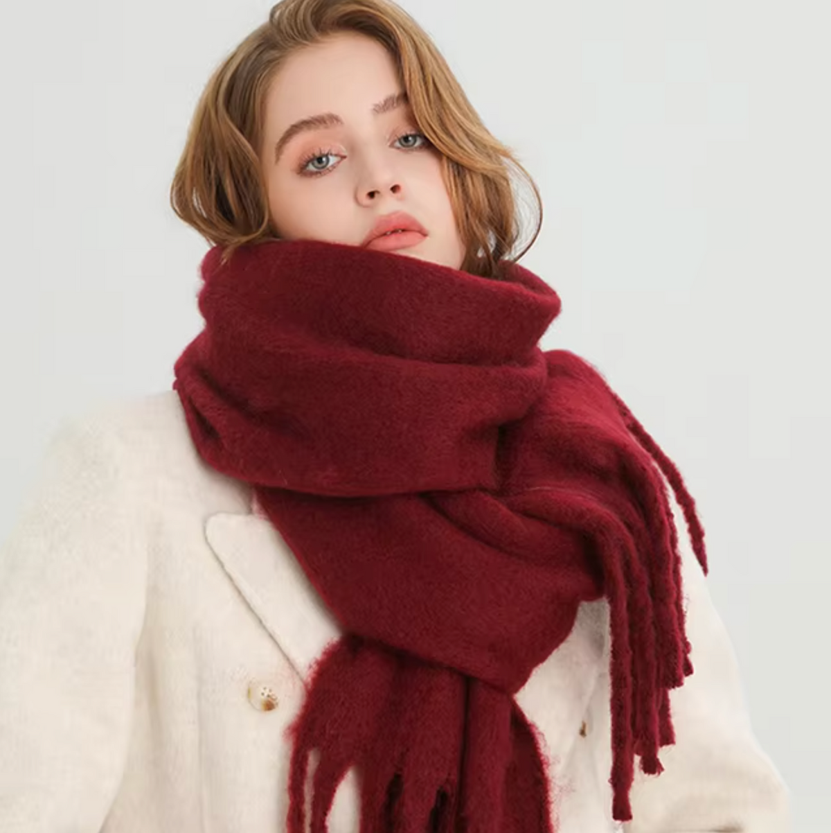 Elyra Womens Pashmina Scarf with Long Tassels in Dark Red