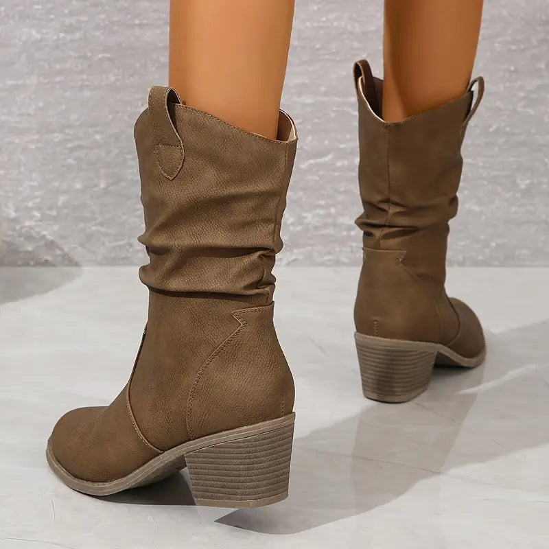 Tracy Womens Half-High Western Boots with Block Heel in Khaki