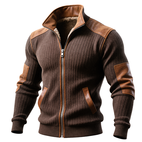 Bruno - Brown Ribbed Jacket with Zip and Leather Accents