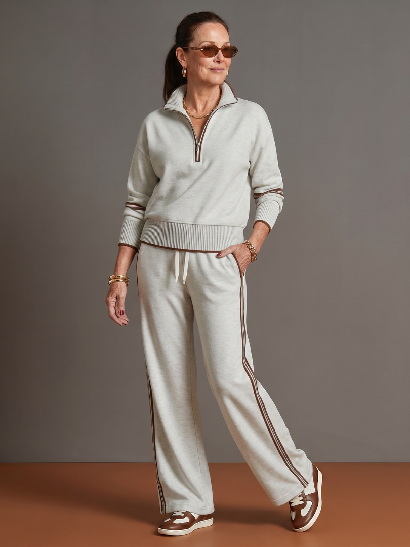Rain Womens Knit Pants Set with Zip Neck Top in White