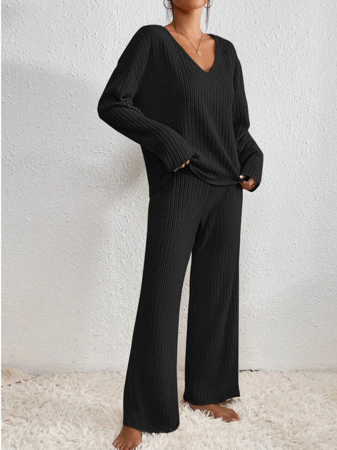 Women's Knitted Two-Piece Set, Ribbed Sweater & Trousers | V-Neck Top, Flexible Fit | 7 Colorways | S–2XL