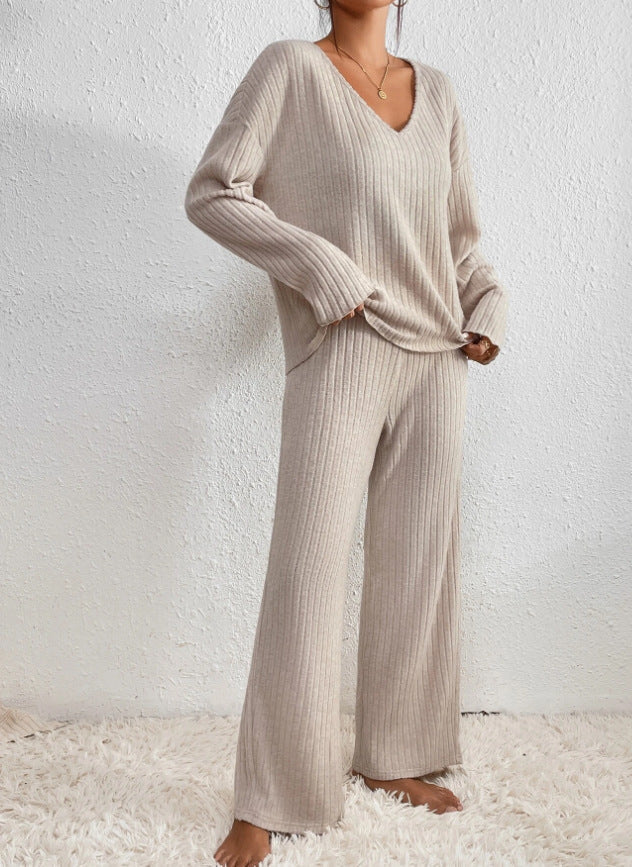 Women's Knitted Two-Piece Set, Ribbed Sweater & Trousers | V-Neck Top, Flexible Fit | 7 Colorways | S–2XL