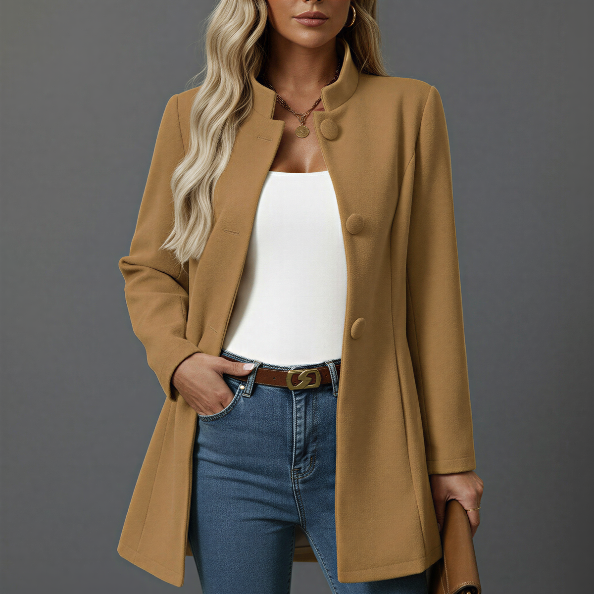 Hallie Womens Button-Down A-Line Coat with Stand Collar in Camel