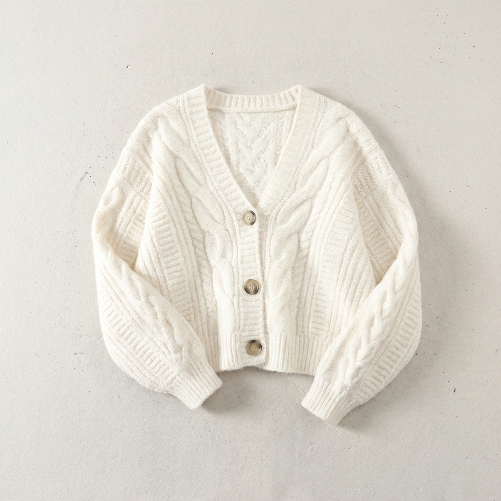 Angie Womens Wool Cardigan in Cable Knit in White