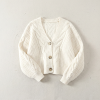 Angie | Womens Wool Cardigan in Cable Knit | Cropped Fit, V-Neck, Button Front | White, Brown, Red Sizes S-2XL