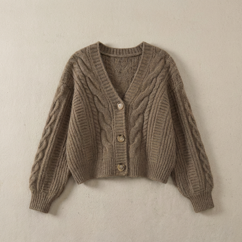 Angie Womens Wool Cardigan in Cable Knit in Brown