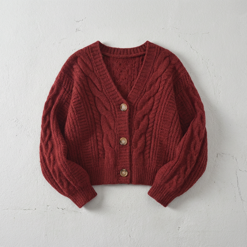 Angie Womens Wool Cardigan in Cable Knit in Red