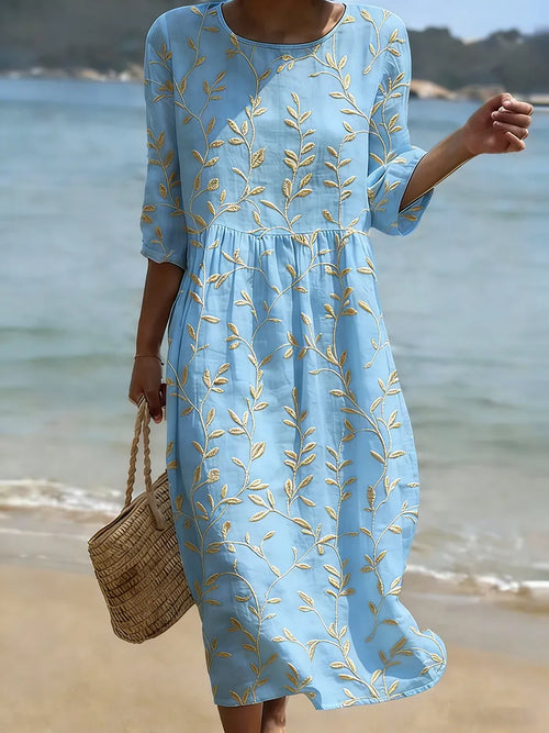 Florenya™ | Plant & Flower Print Round Neck Midi Dress