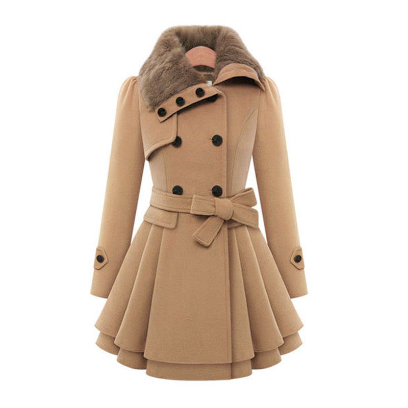 Claudia Womens Belted Trench Coat with Faux Fur Collar in Beige
