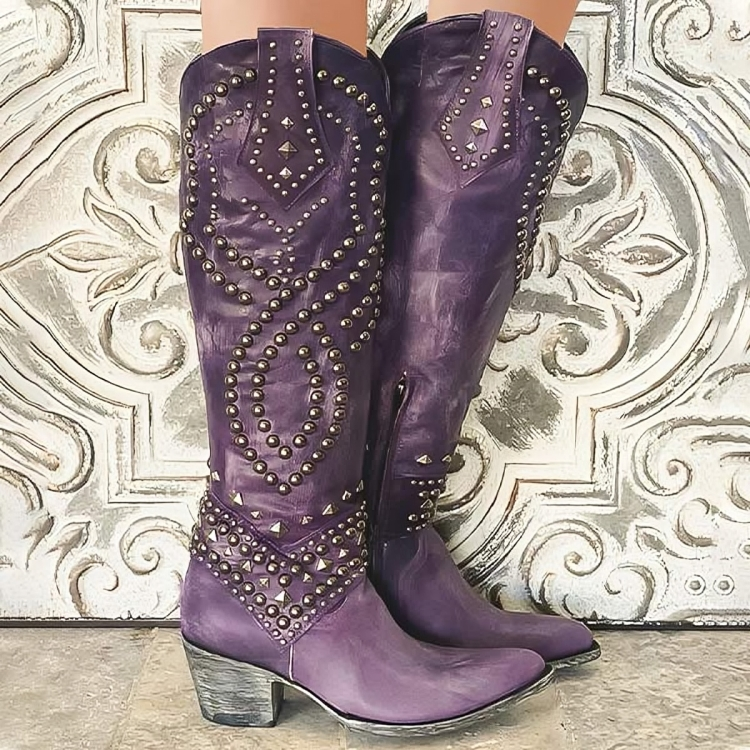 Riloh Womens Knee-High Boots with Pointed Toe in Purple