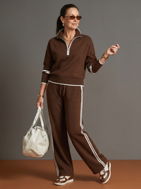 Rain | Womens Knit Pants Set with Zip Neck Top | Wide Leg, Side Stripe, Drawstring | Brown, Gray, Red and More S-2XL