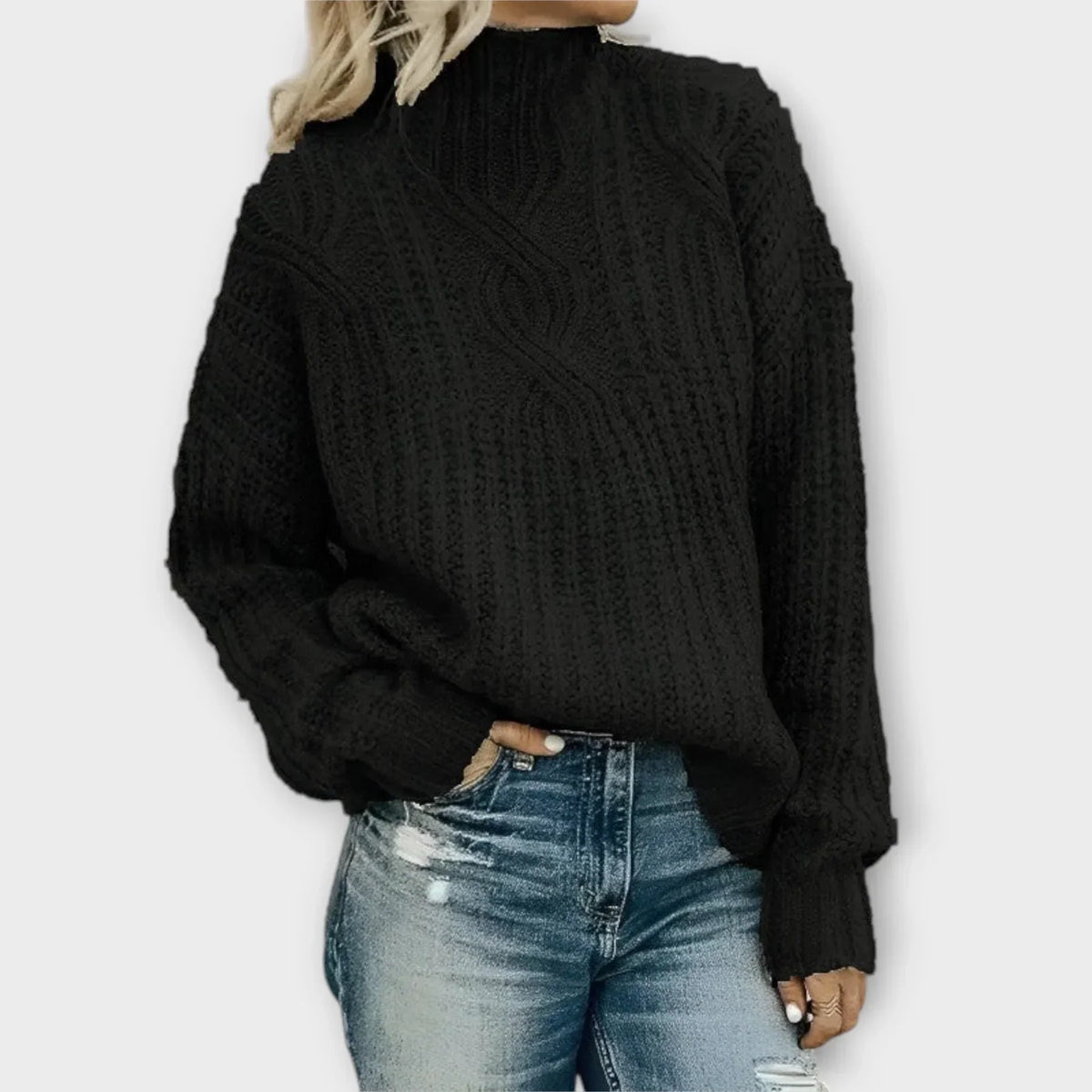 Women's High-Neck Cable-Knit Sweater, Relaxed Fit | Mock-Neck Design, Textured Knit | 5 Colorways | S–3XL