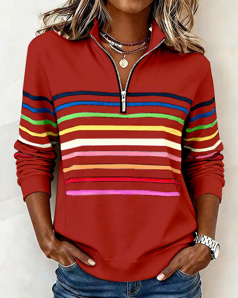Mia Womens Half Zip Sweatshirt with Stripes in Red