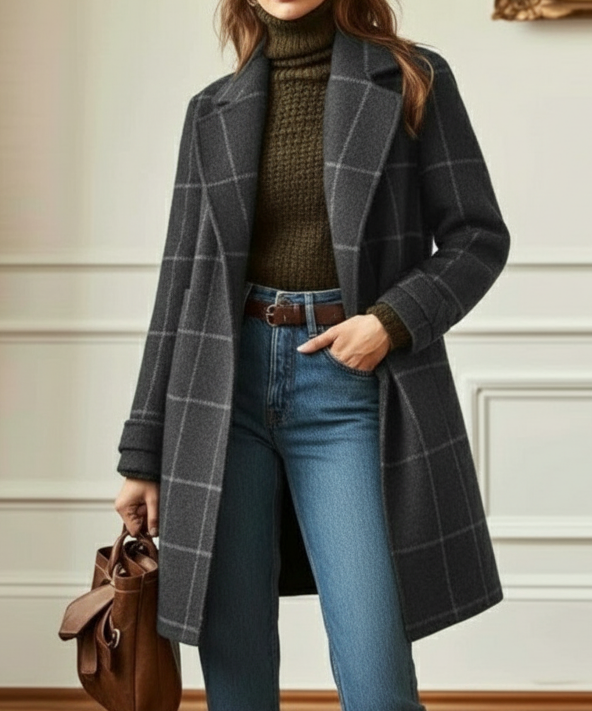 Julie Womens Wool Blend Check Coat with Lapel Collar in Gray