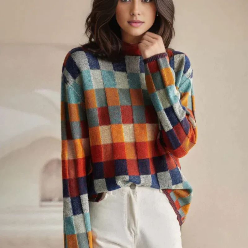 Summer Womens Checkered Merino Wool Blend Sweater