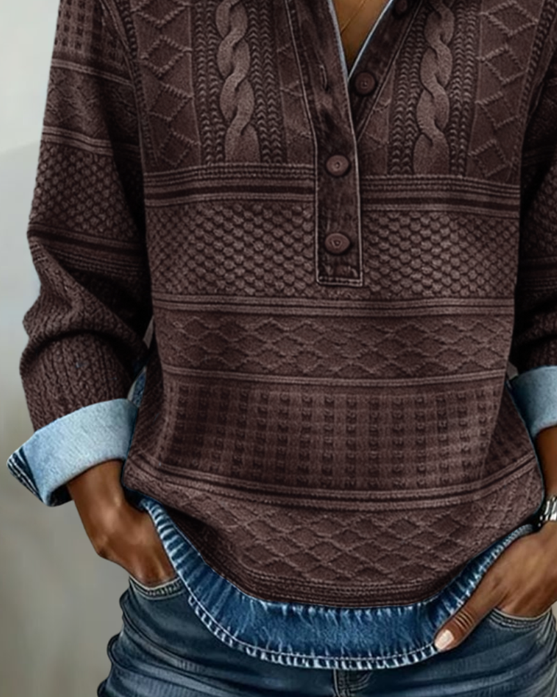 Kristen Womens Cable Knit Sweater with Collar and Button Neckline