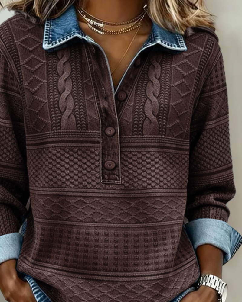 Kristen Womens Cable Knit Sweater with Collar and Button Neckline