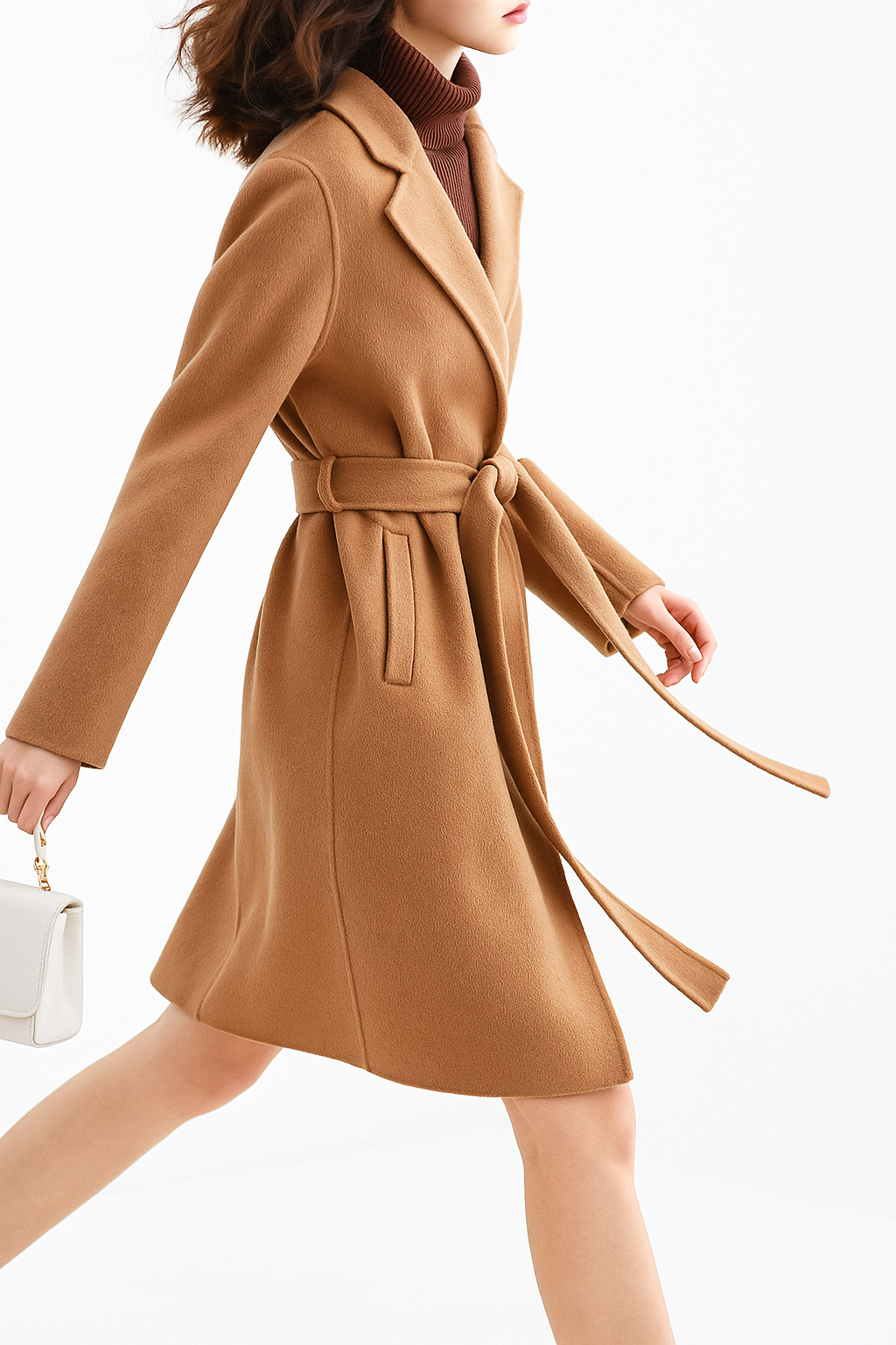Claire Womens Belted Wool Coat in Midi Length