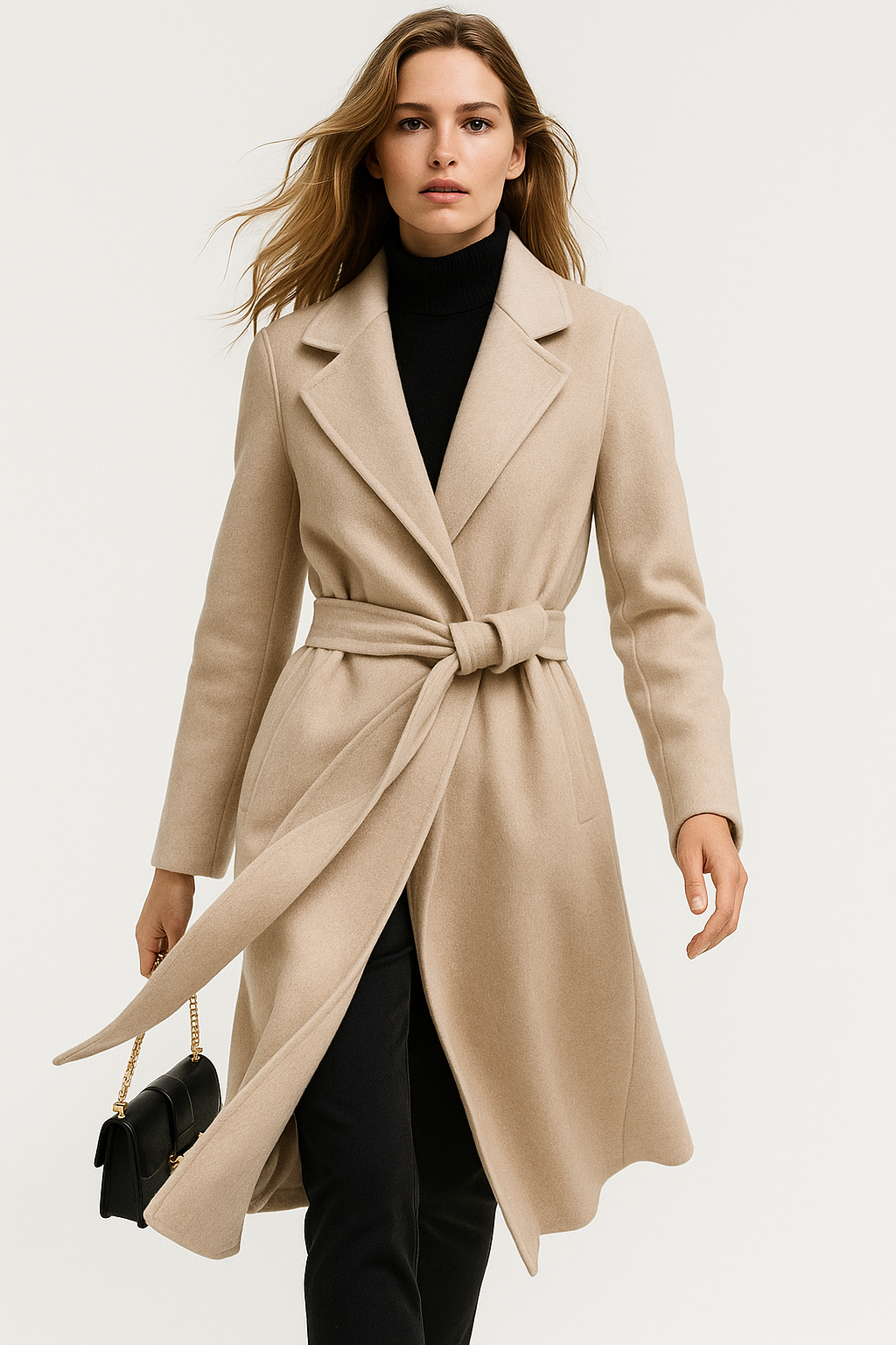 Claire Womens Belted Wool Coat in Midi Length