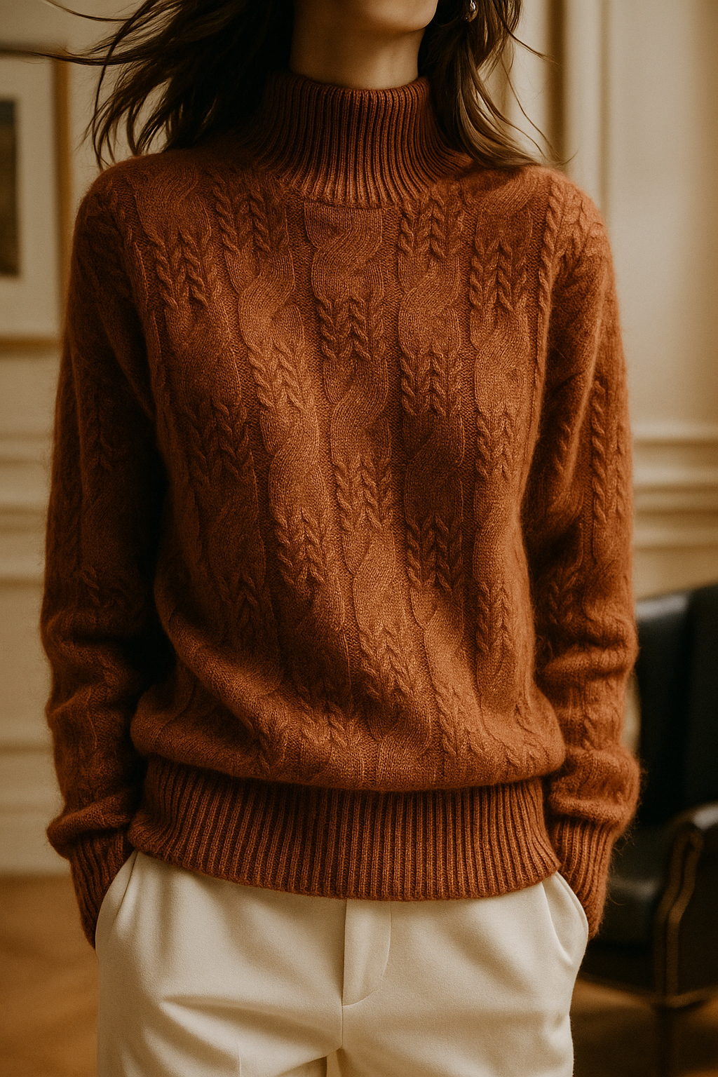 Whitney Womens Cable Knit Sweater with Half-High Collar