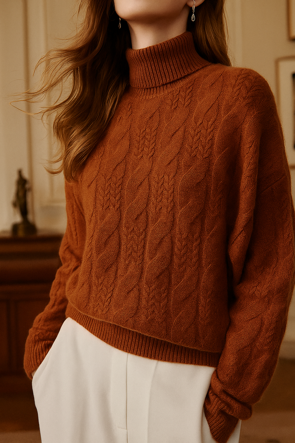 Whitney Womens Cable Knit Sweater with Half-High Collar