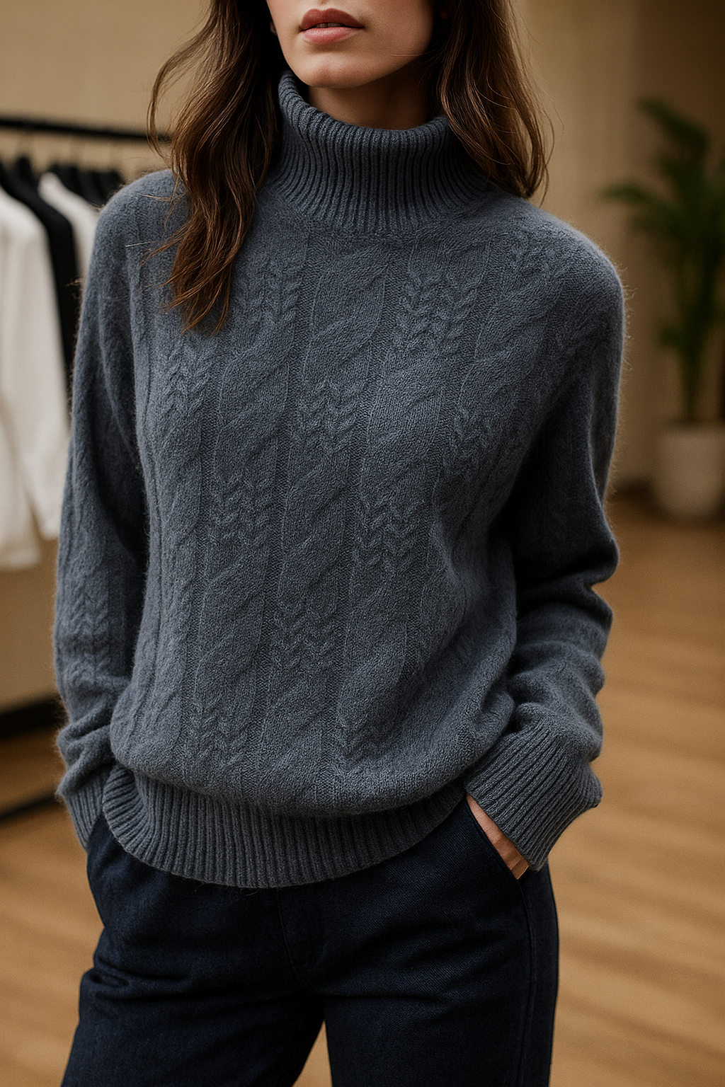 Whitney Womens Cable Knit Sweater with Half-High Collar