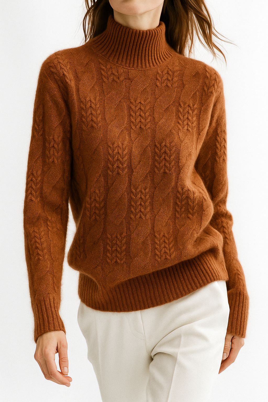 Whitney Womens Cable Knit Sweater with Half-High Collar