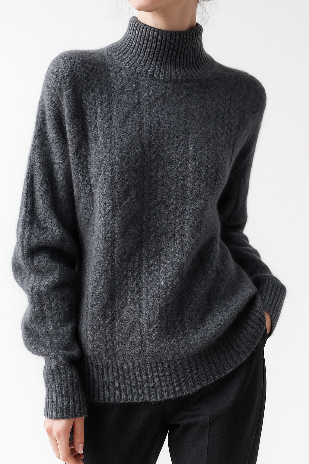 Whitney Womens Cable Knit Sweater with Half-High Collar