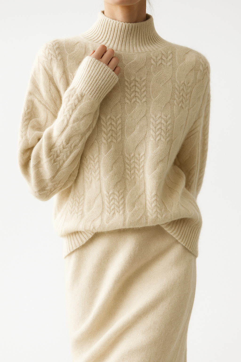 Whitney Womens Cable Knit Sweater with Half-High Collar