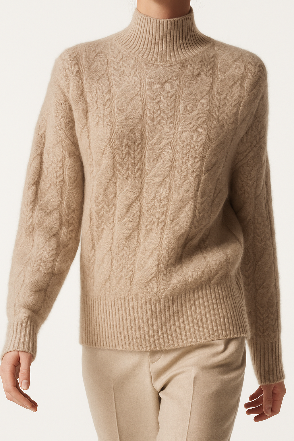 Whitney Womens Cable Knit Sweater with Half-High Collar