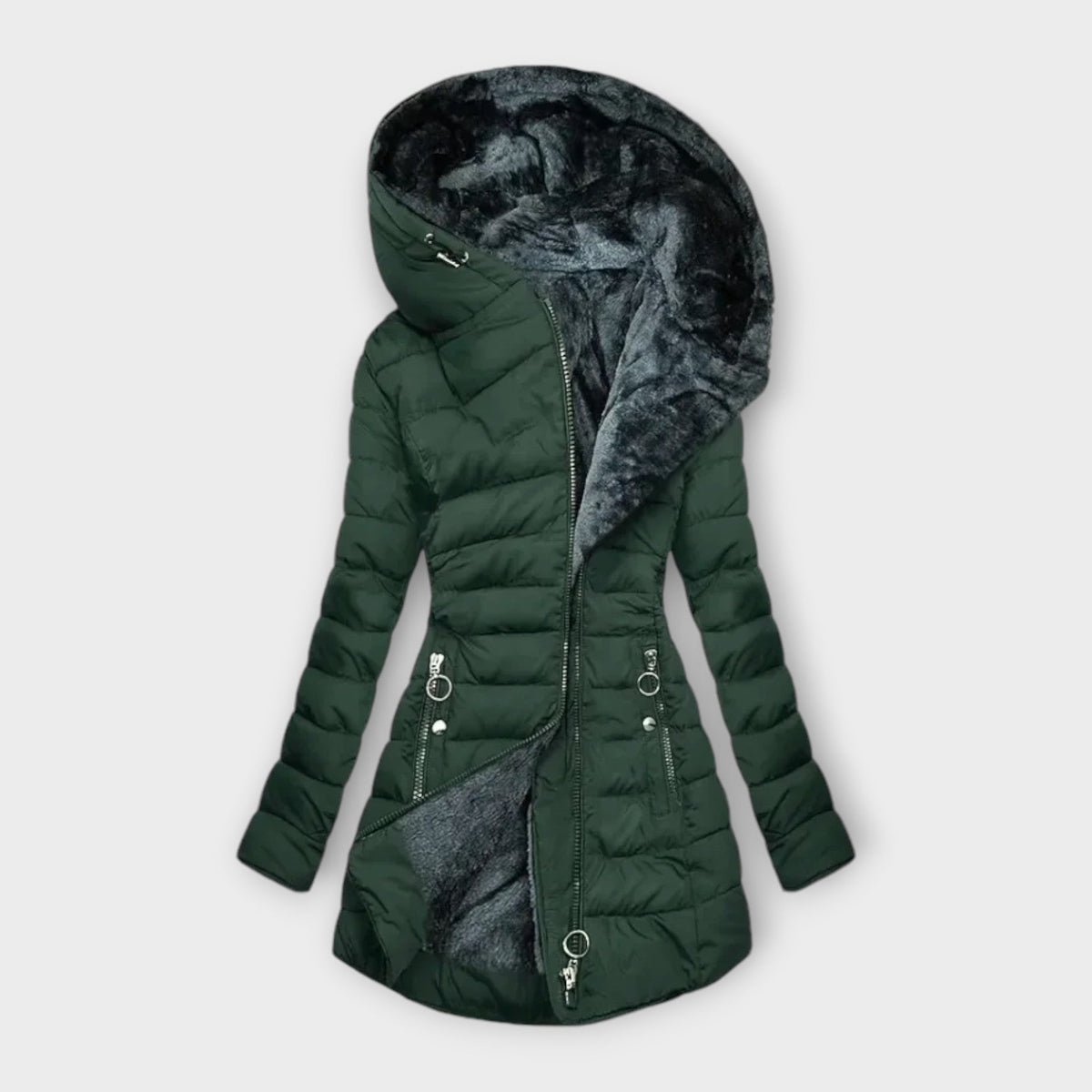 Rosalyneh Womens Winter Jacket with Zipper and Pockets in Dark Green