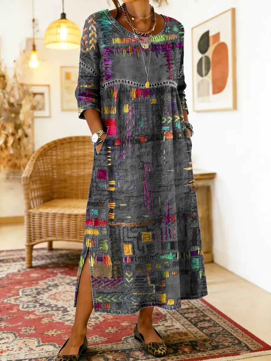 Manuela™ | Printed Dress with Ethnic Patchwork
