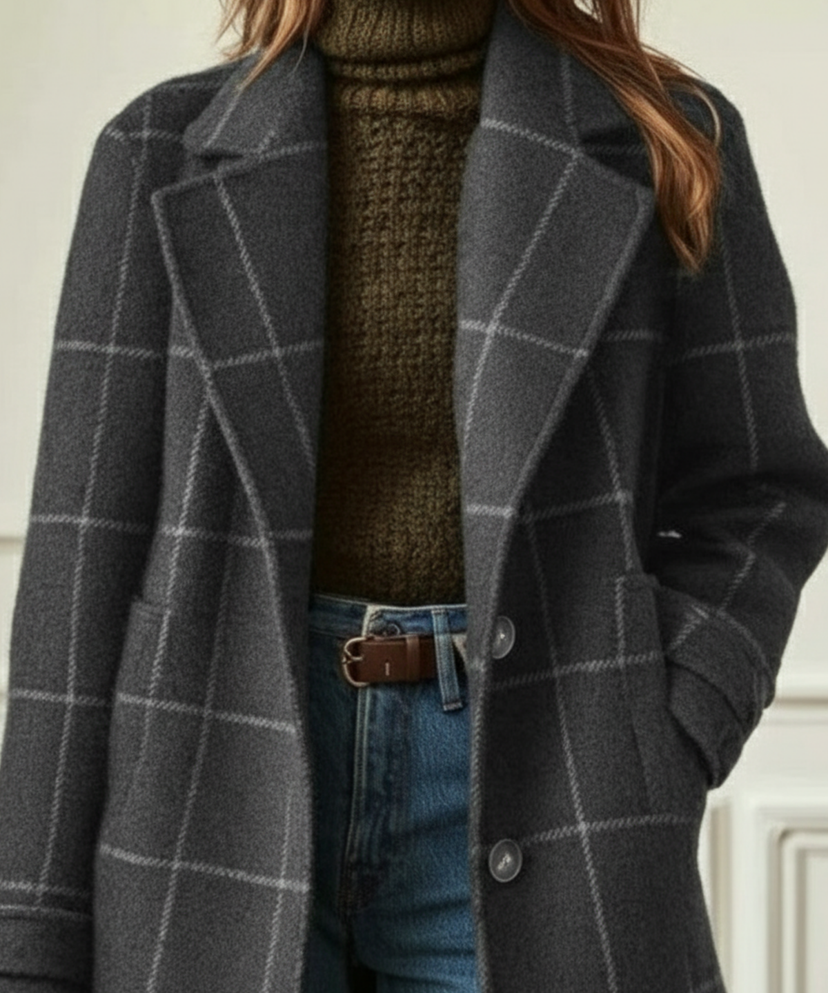 Julie Womens Wool Blend Check Coat with Lapel Collar