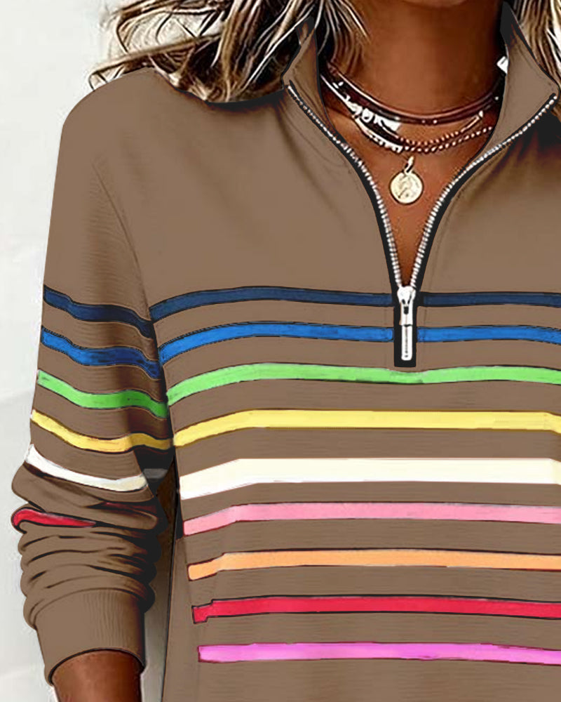 Mia Womens Half Zip Sweatshirt with Stripes