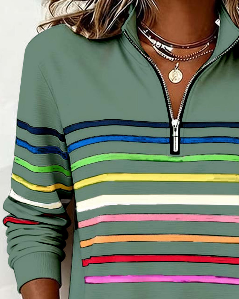 Mia Womens Half Zip Sweatshirt with Stripes